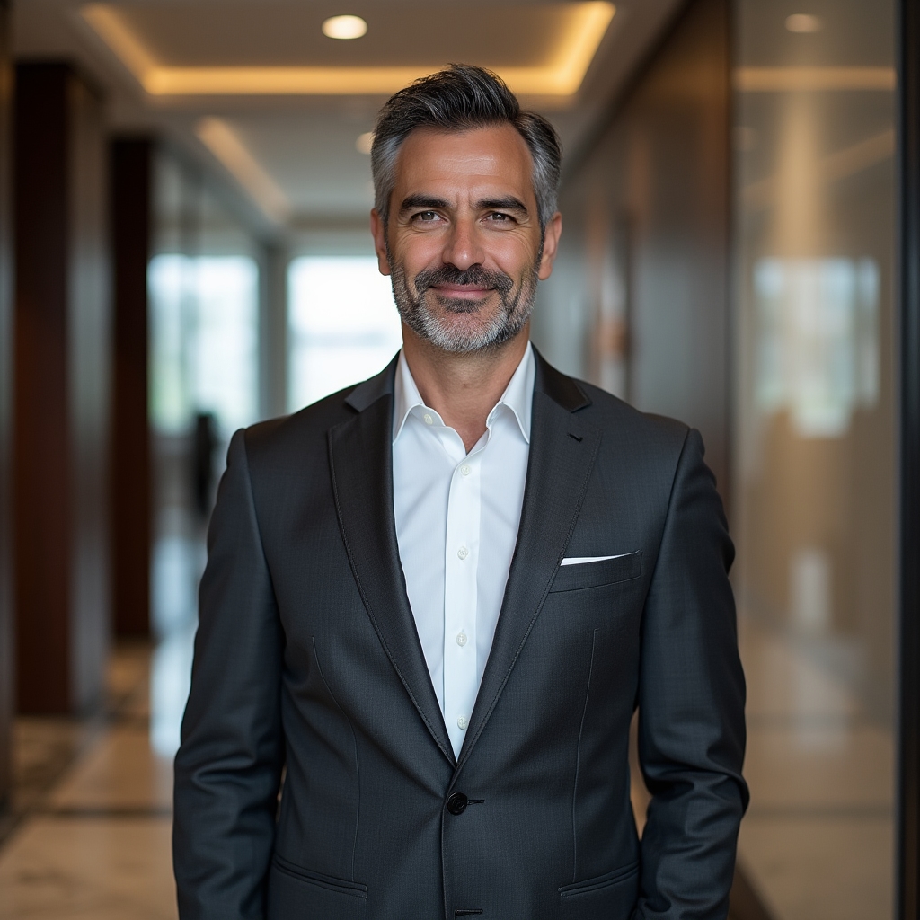 Consultant masculin în management organizațional, pozând cu încredere în spațiu de lucru contemporan