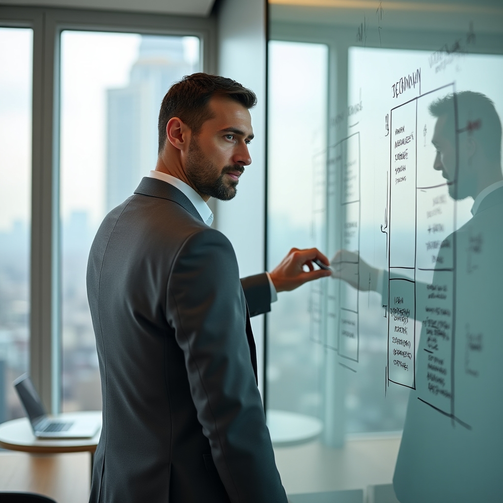 Manager planificând strategia echipei, analizând prioritățile și distribuind sarcini eficient