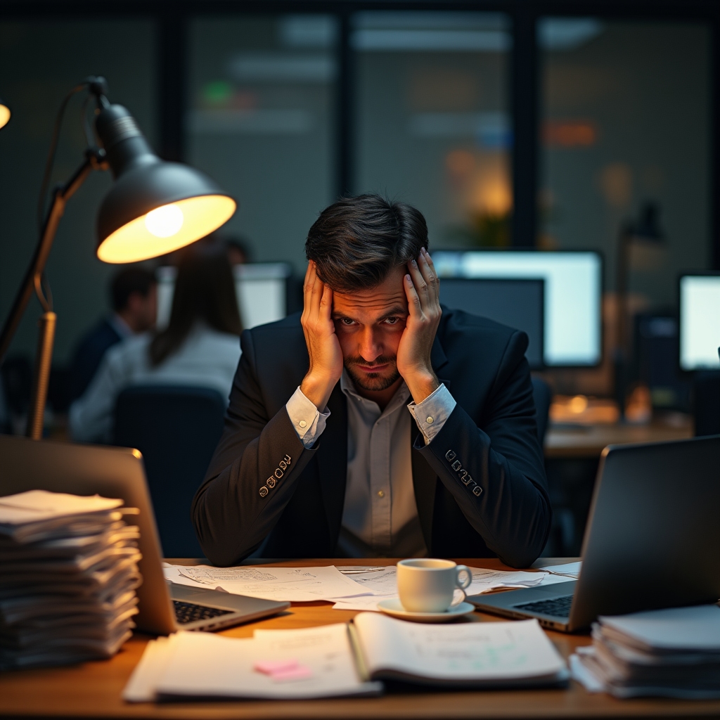 Profesionist copleșit de sarcini la birou, cu documente și ecrane multiple