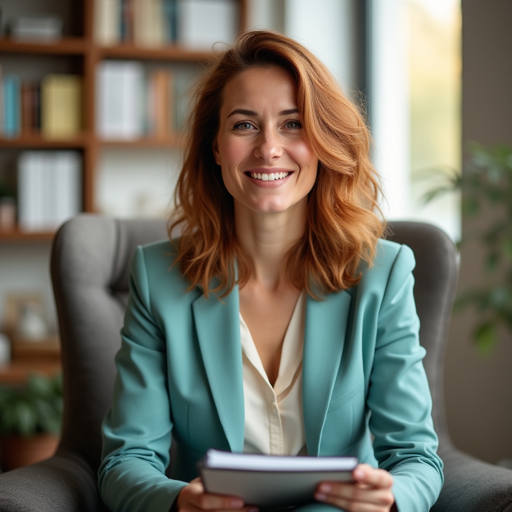 Psiholog comportamental în mediu profesional, cu expresie caldă și expertă, lumină naturală