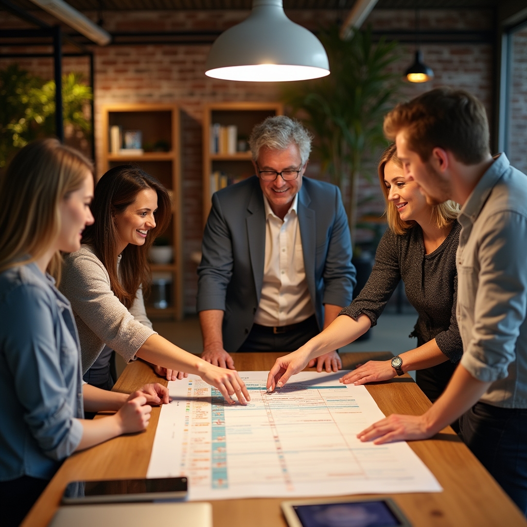 Echipă de profesioniști colaborând eficient într-un spațiu de lucru modern, comunicare și coordonare