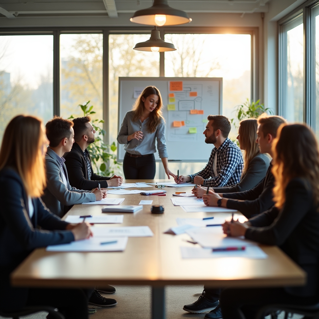 Sesiune de grup în cadrul unui atelier de productivitate, participanți angajați în exerciții practice